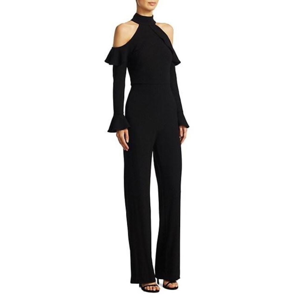 ML Monique Lhuillier Cold Shoulder Jumpsuit NWT Size 4 Black Ruffled Long Sleeve